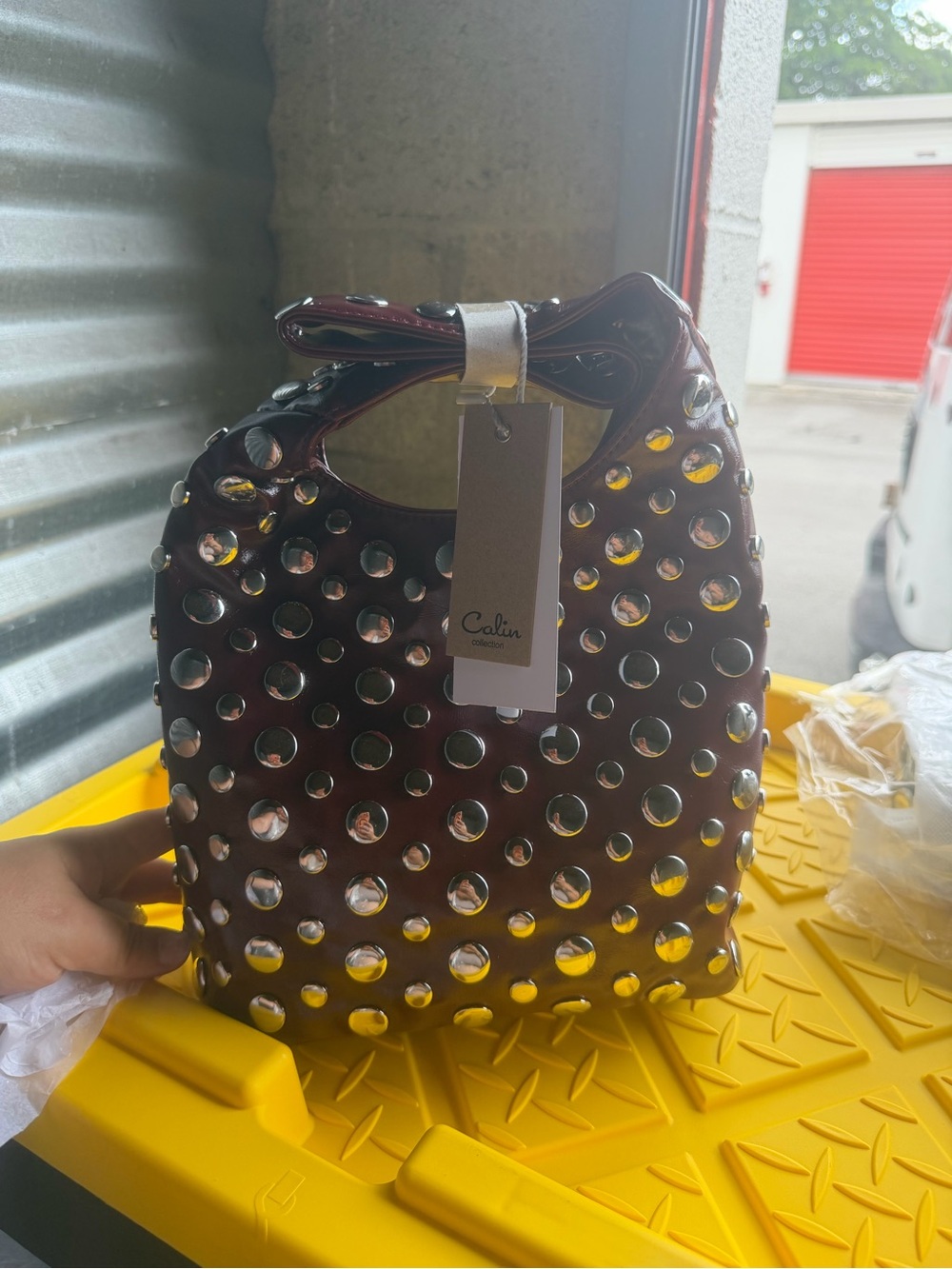 Burgundy Mini Studded Hobo Bag
